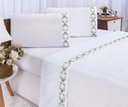 Ver imagem 1 de Jogo lençol Veneza quarto casal Queen bordado 4 peças 2fronha: Branco com Verde Musgo