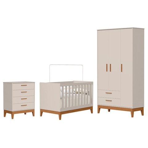 Dormitório Infantil Flip Guarda Roupa 3 Portas, Cômoda 4 Gavetas e Berço Areia Fosco - Reller Mó