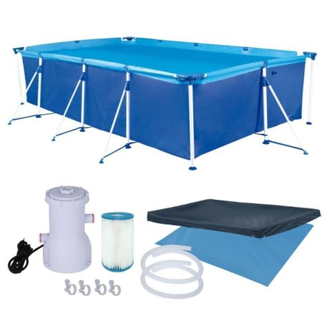 Piscina Estruturada Premium 5000 Litros Retangular PVC Capa Forro Filtro 2200L-H 220V Azul Mor