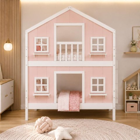 Beliche Infantil Casinha Dos Sonhos com Fechamento Inferior em Madeira Maciça Rosa/Branco
