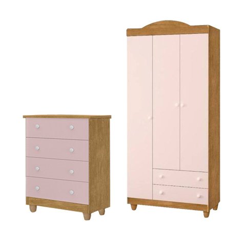 Conjunto Cômoda e Guarda Roupa Lara Nature Rose MDF Infantil Quarto Menina Organizador Moderno