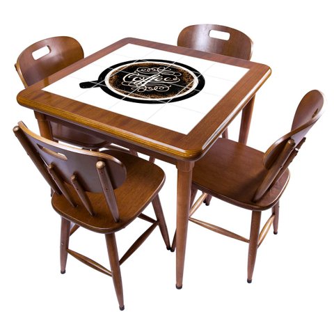 Cj Mesa Madeira Azulejo 80x80cm - Base 4pé 78cm + 4 Cadeiras 43 - Natural - Coffee