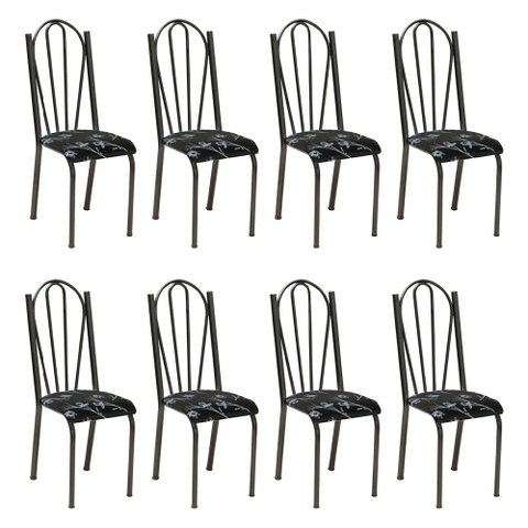 Kit 8 Cadeiras de Cozinha Alasca Estampado Preto Florido Pés de Ferro Cromo Preto - Pallazio