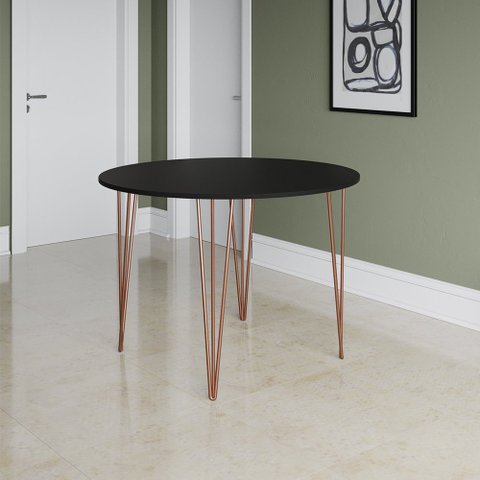 Mesa Jantar Redonda Preta Hairpin 90cm Elen Base Cobre