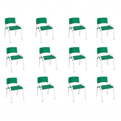 Kit 12 Cadeira Iso Infantil Creche, Base Branco Verde Escuro