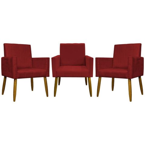Kit 3 Poltronas Decorativas Confortáveis Mari - Vermelho Suede