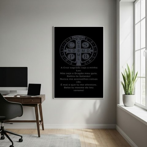 Quadro Decorativo Medalha de São Bento - Oração - 70x50cm:moldura Branca