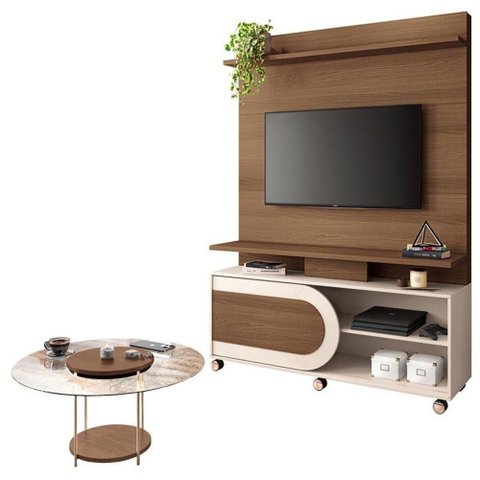 Estante Home Theater Órbis Castanho Off White e Mesa de Centro Sky com Tampo de Vidro Castanho- Hb