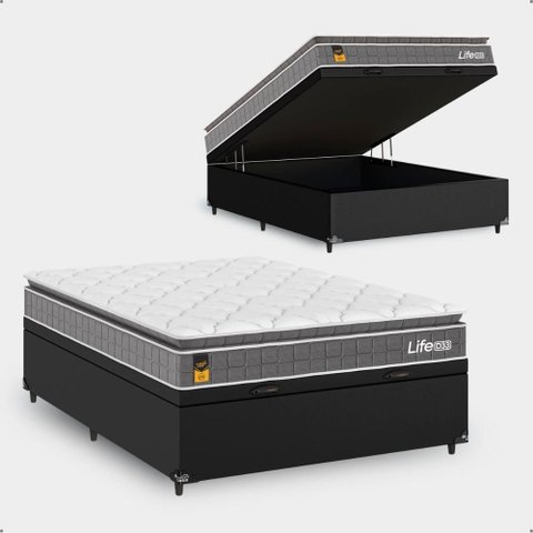 Cama Box Baú Viúva Couro Preto + Colchão Life D33 Pillow Top 61x128x188cm Cinza - e-Shop Casa