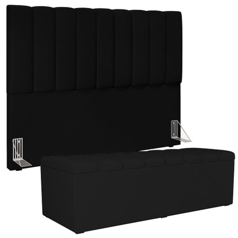 Kit Cabeceira Cama Box Queen 160cm com Calçadeira Baú Dália W01 Suede Preto - Lyam Decor