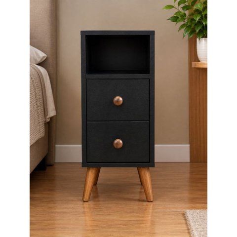 Kit 2 Mesas Cabeceira 25cm com 2 Gavetas e Nicho MDF Preto Pés Palito Mesa de Cabeceira Monta