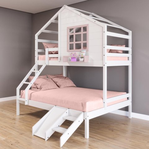 Beliche Casinha com Janela Casal/solteiro com Escada/escorregador Madeira Maciça Branco/ Rosa
