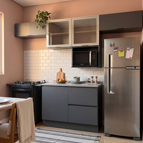 Cozinha Completa Modulada 5 Peças Portas de Vidro, Nicho para Micro-Ondas e Pés Reguláveis 280x220cm