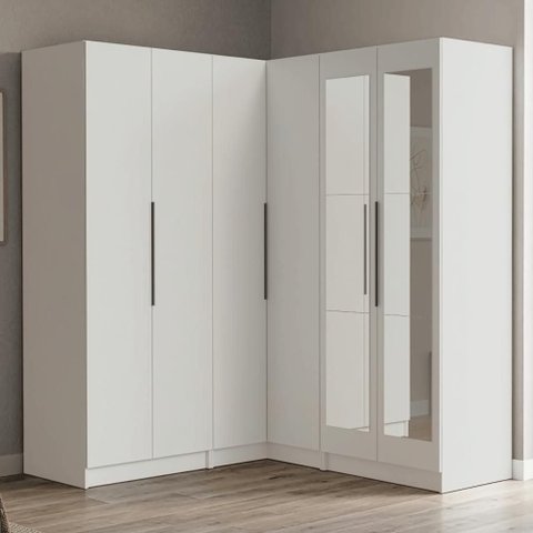 Guarda-roupa Modulado de Canto 350 Cm 6 Portas com Espelhos 4 Gavetas Branco Neo Madesa 02
