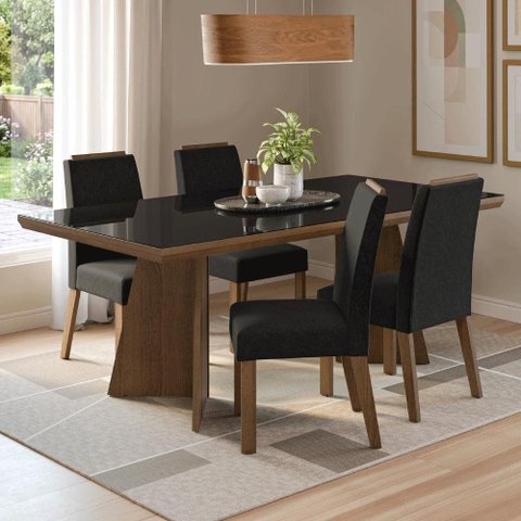 Conjunto Sala de Jantar Tampo de Vidro 4 Cadeiras Rustic/Preto/Oxford Todi Madesa