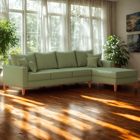 Sofá 4 Lugares Beny com Chaise Direito Linho Verde Oliva