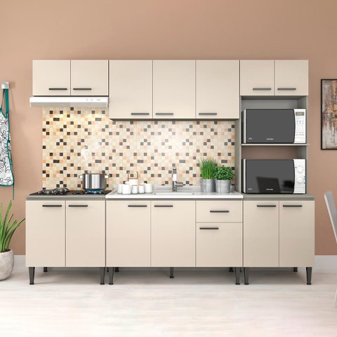 Cozinha Modulada com Balcão Pia Max 262 Cm Armário Nicho Forno/micro Mdp Cinza Champanhe - Clicklar