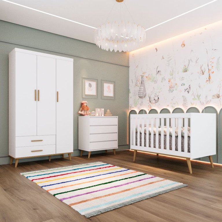 Quarto de Bebê Retrô Ludmila Berço 3 em 1 Guarda Roupa 3 Portas Cômoda Infantil Branco Carolina