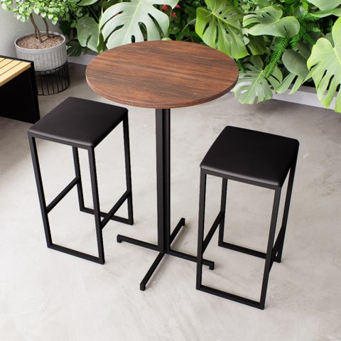 Conjunto Mesa Alta Bar Bistrô Redonda Imbuia 2 Bancos Estofado Don Castro Decor