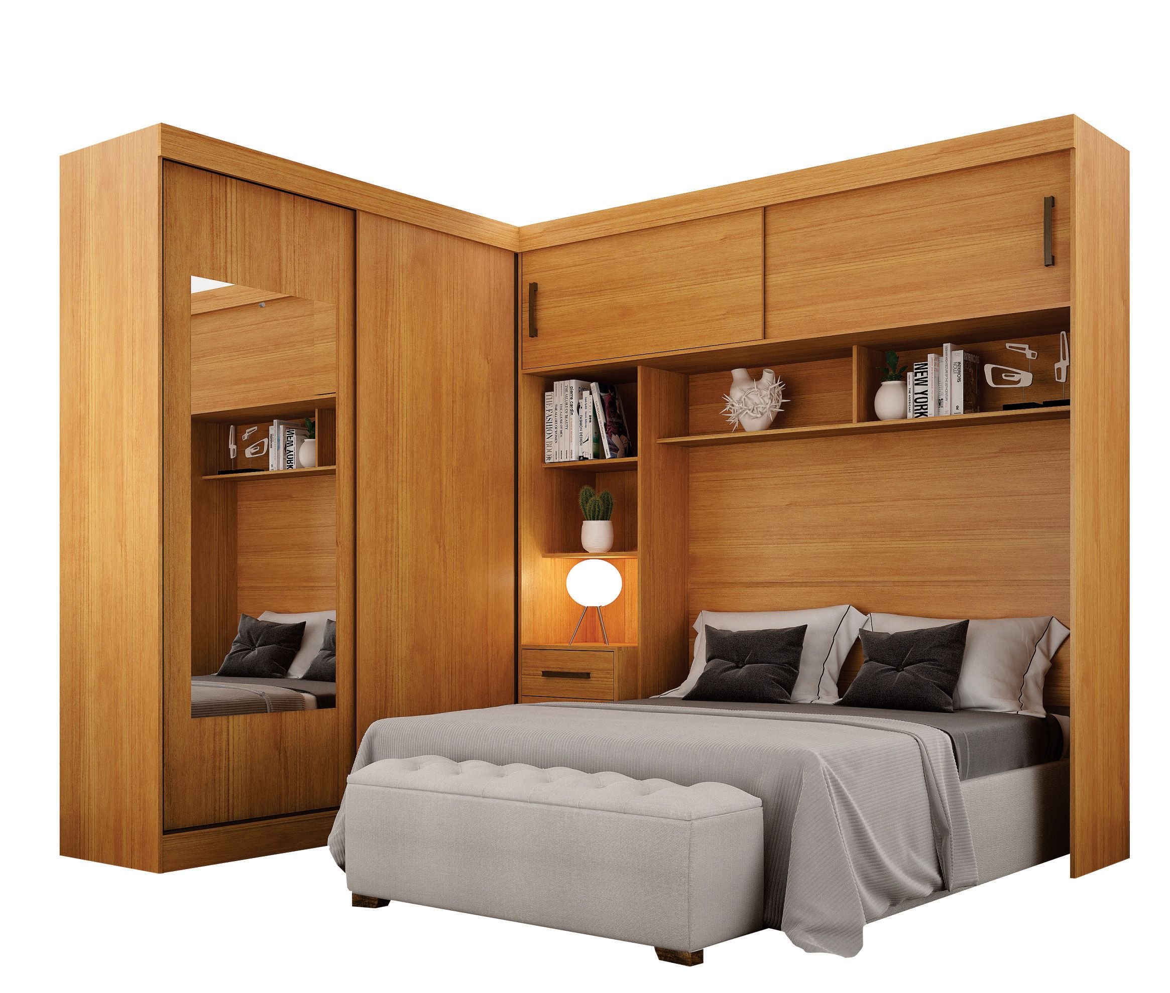 Guarda-Roupa Casal com Cabeceira Queen e Espelho 4 Portas de Correr 3 Gavetas Florença Espresso Móve - 3