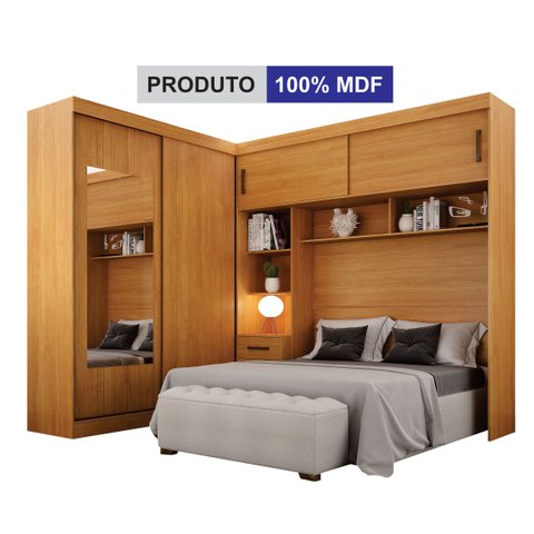 Guarda-Roupa Casal com Cabeceira Queen e Espelho 4 Portas de Correr 3 Gavetas Florença Espresso Móve