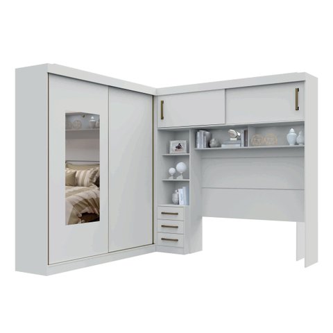 Guarda-Roupa Casal com Cabeceira Queen e Espelho 4 Portas de Correr 3 Gavetas Florença Espresso Móve