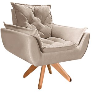Poltrona Opala Giratória Base Madeira Suede - Navega Móveis Navega Móveis Opala Base Madeira Bege