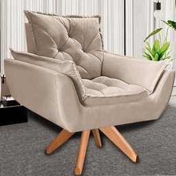 Poltrona Opala Giratória Base Madeira Suede - Navega Móveis Navega Móveis Opala Base Madeira Bege - 2