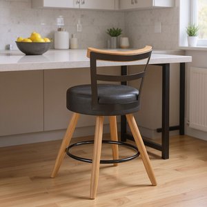 Banqueta Baixa Cozinha 50cm Encosto Pé Madeira Kyara Pu S02 - D'rossi