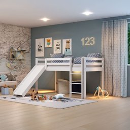 Cama Alta Kids com Escorregador em Madeira Maciça/MDF - 1