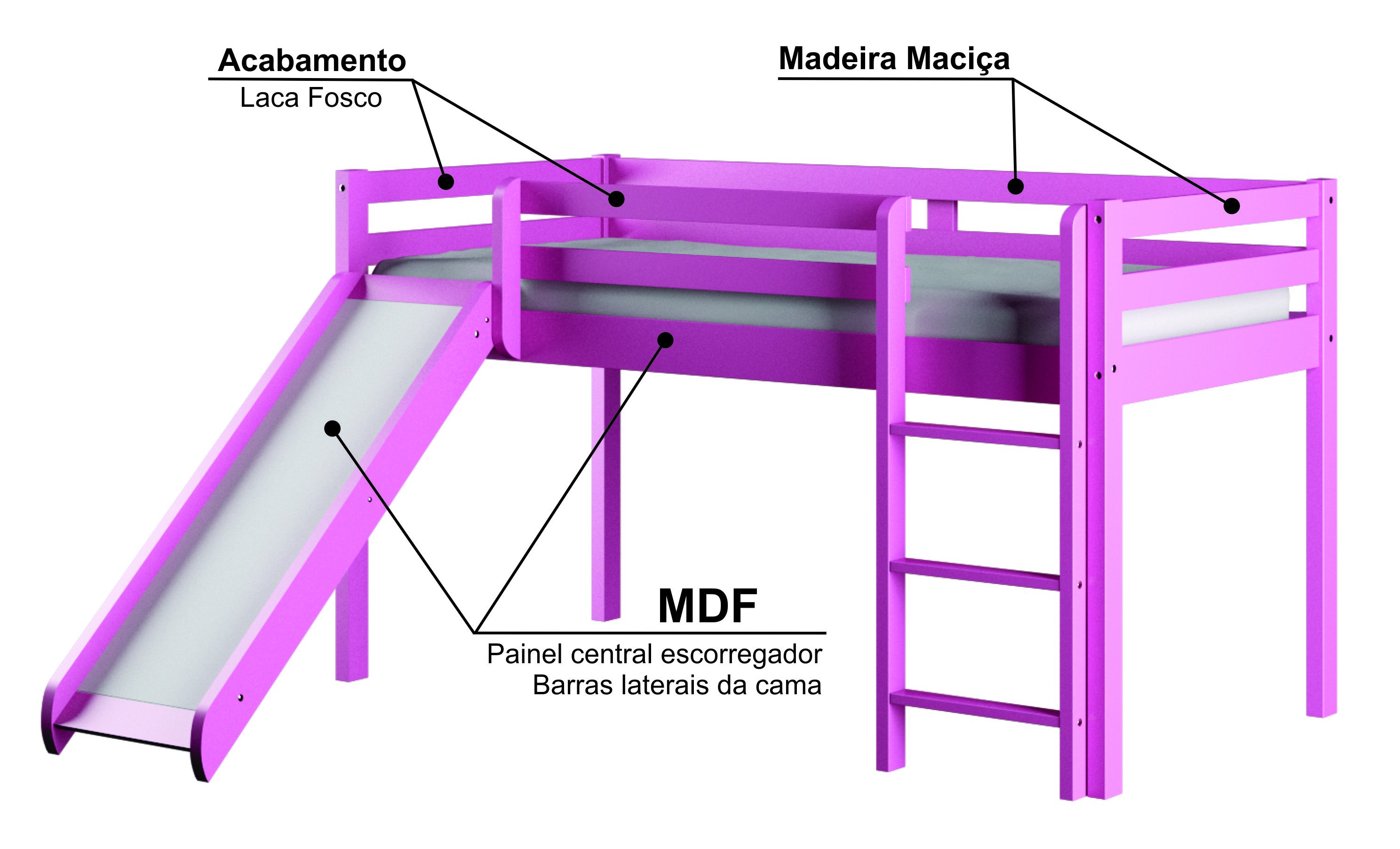 Cama Alta Kids com Escorregador em Madeira Maciça/MDF - 4