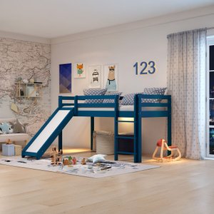 Cama Alta Infantil com Escorregador em Madeira Maciça/MDF