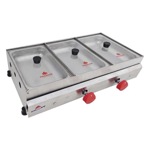 Rechaud Molheira a Gás 3 Cubas Tampa de Vidro Inox Pr-03g