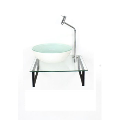 Gabinete de Vidro com Cuba Redonda Branca Tampo 40cm Incolor Mais Torneira Metal