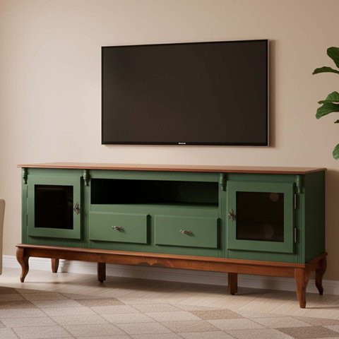 Rack para TV até 75 Polegadas 195cm 2 Portas Vidro 2 Gavetas Prateleira Interna Pés Luis Xv