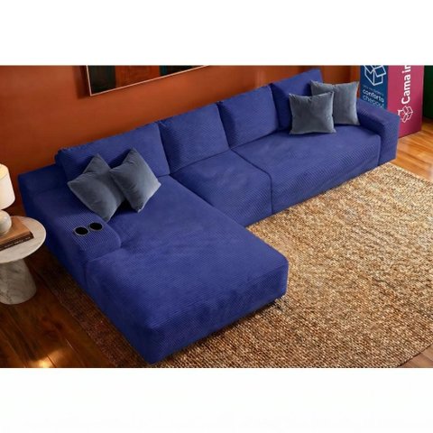 Sofá Evo 3,40m Molas Ensacadas com Chaise Lounge Esquerda Velourê Azul Cama Inbox