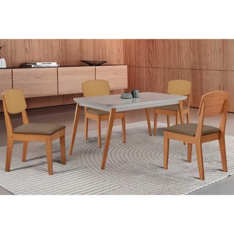 Conjunto: Mesa de Cozinha Havana Curvo 120cm + 4 Cadeiras Havana Naturale/off White - Suede