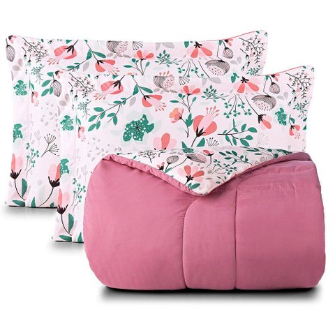 Kit Edredom Cobertor Celi Queen Dupla Face Micropercal Estampado 200 Fios 3 Peças Bothanica Floral R