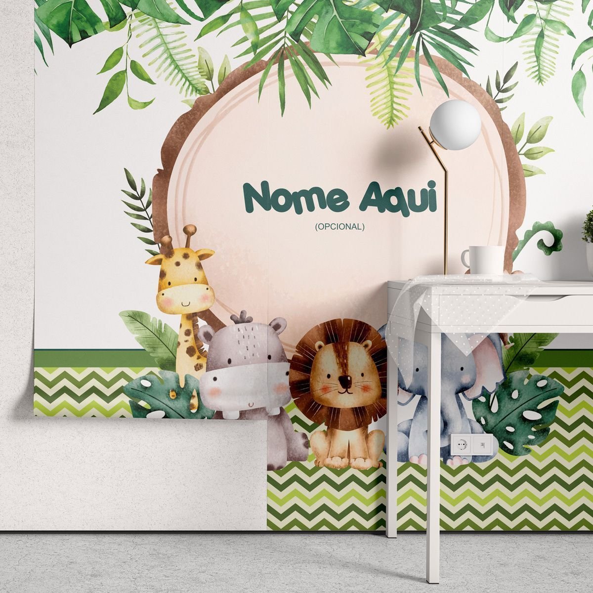 Papel de Parede Adesivo Menino Safari Chevron e Folhagem - Painel - 2