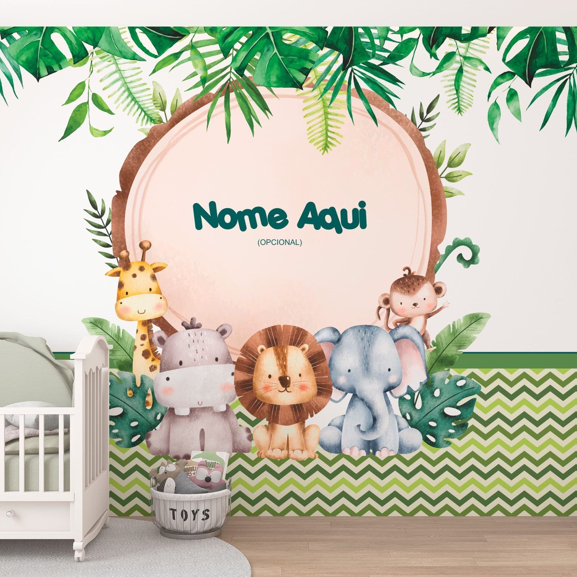 Papel de Parede Adesivo Menino Safari Chevron e Folhagem - Painel - 1