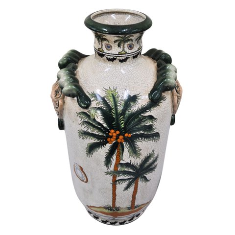 Vaso Decorativo Cerâmica Craquelada Pintado À Mão Palmeiras Ilha 45cm Columbus Gold