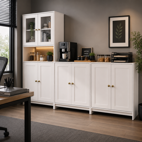 Conjunto para Escritório com Armário e Balcão 8 Portas 5 Prateleiras 252cm Branco - Decibal Móveis