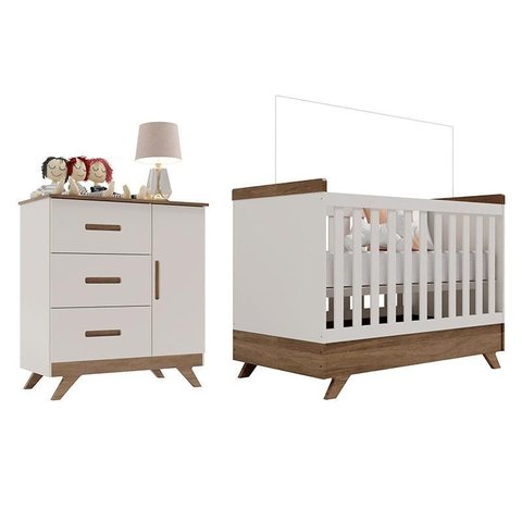 Berço Americano Vitória e Cômoda Infantil Retro Maya Off White Carvalho – Carolina