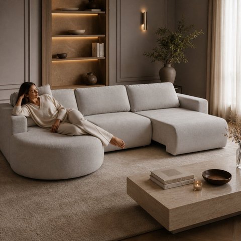 Sofá Retrátil e Reclinável 5 Lugares 292cm com Chaise Encantus Cappuccino