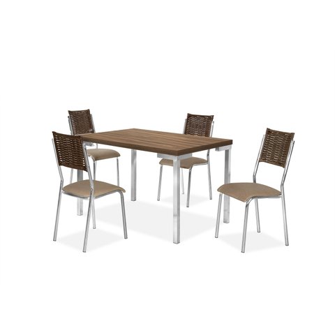 Mesa de Jantar Inovare Cr 1,20x0,80 MDP-4 Cadeira Junco Cr - Junco - Tampo Nogal