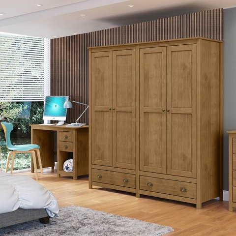 Conjunto Quarto: Guarda-roupa 4 Portas, Escrivaninha 2 Gavetas Topázio Freijó Madeira Pinus - Finest