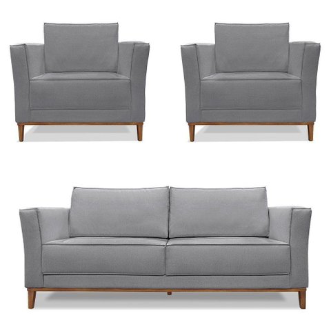 Kit 2 Poltronas e Sofá Living 2 Lugares 1,90m Vega Linho Gra