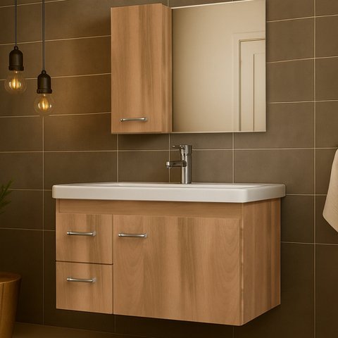 Kit Gabinete Armario para Banheiro com Cuba e Espelho 73cm Quality Fimap Montado Freijó