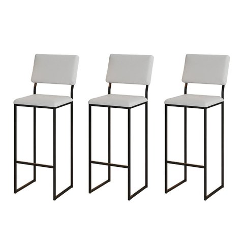 Kit 3 Banquetas com Encosto Industrial e Moderna Nina Preto e Corino Branco