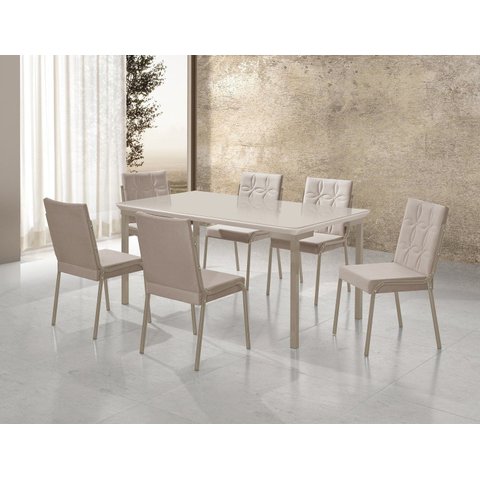 Conjunto Sala de Jantar Mesa Iza New Tampo MDF/Vidro 6 Cadeiras Natani New Bege/Champagne/Off White